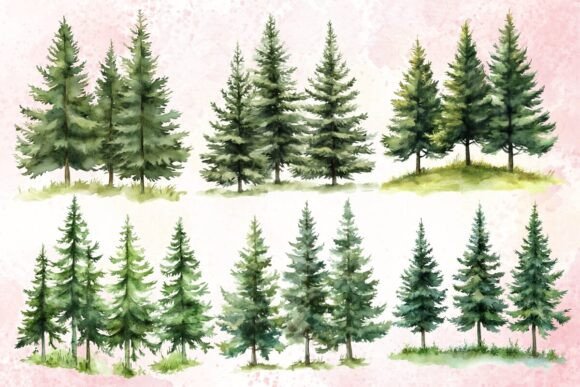Download Watercolor Row of Trees Clipart - Trees Collection